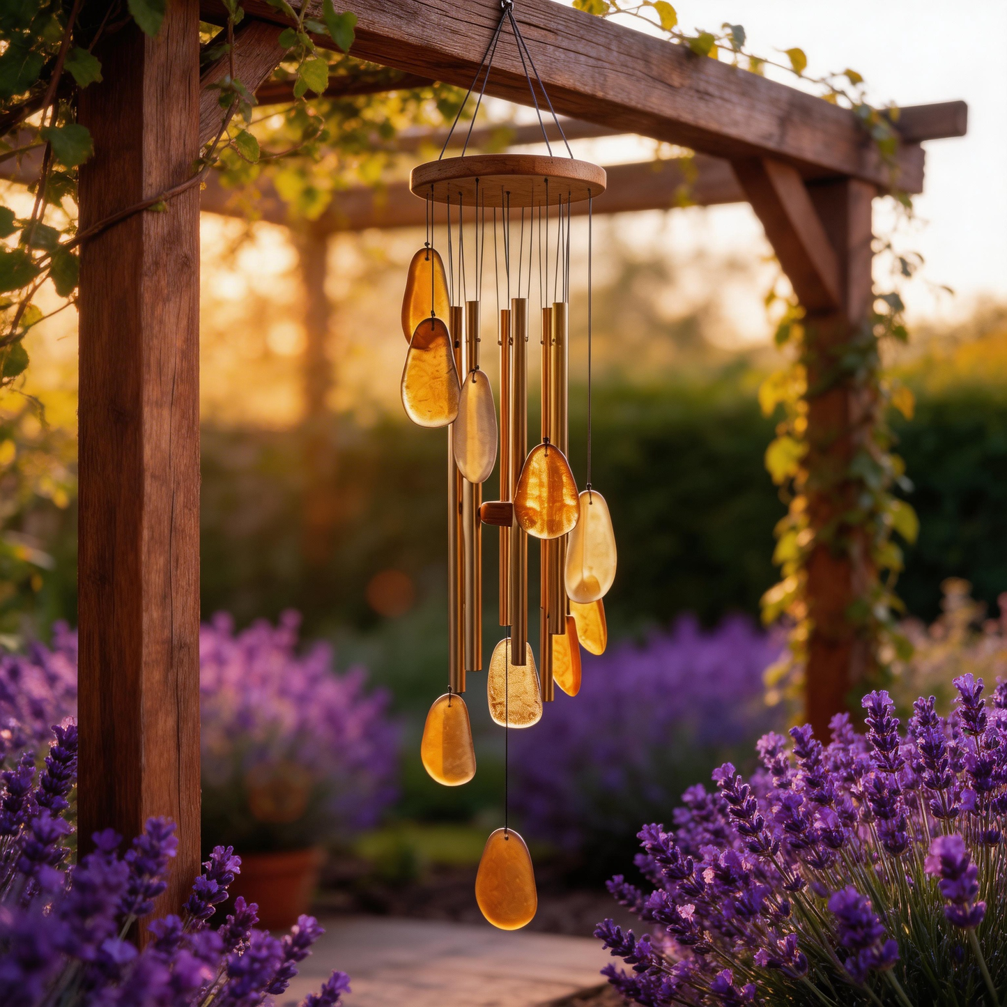 Gift-Ready | Amber Glass Patio Chimes | Elegant Golden Accent