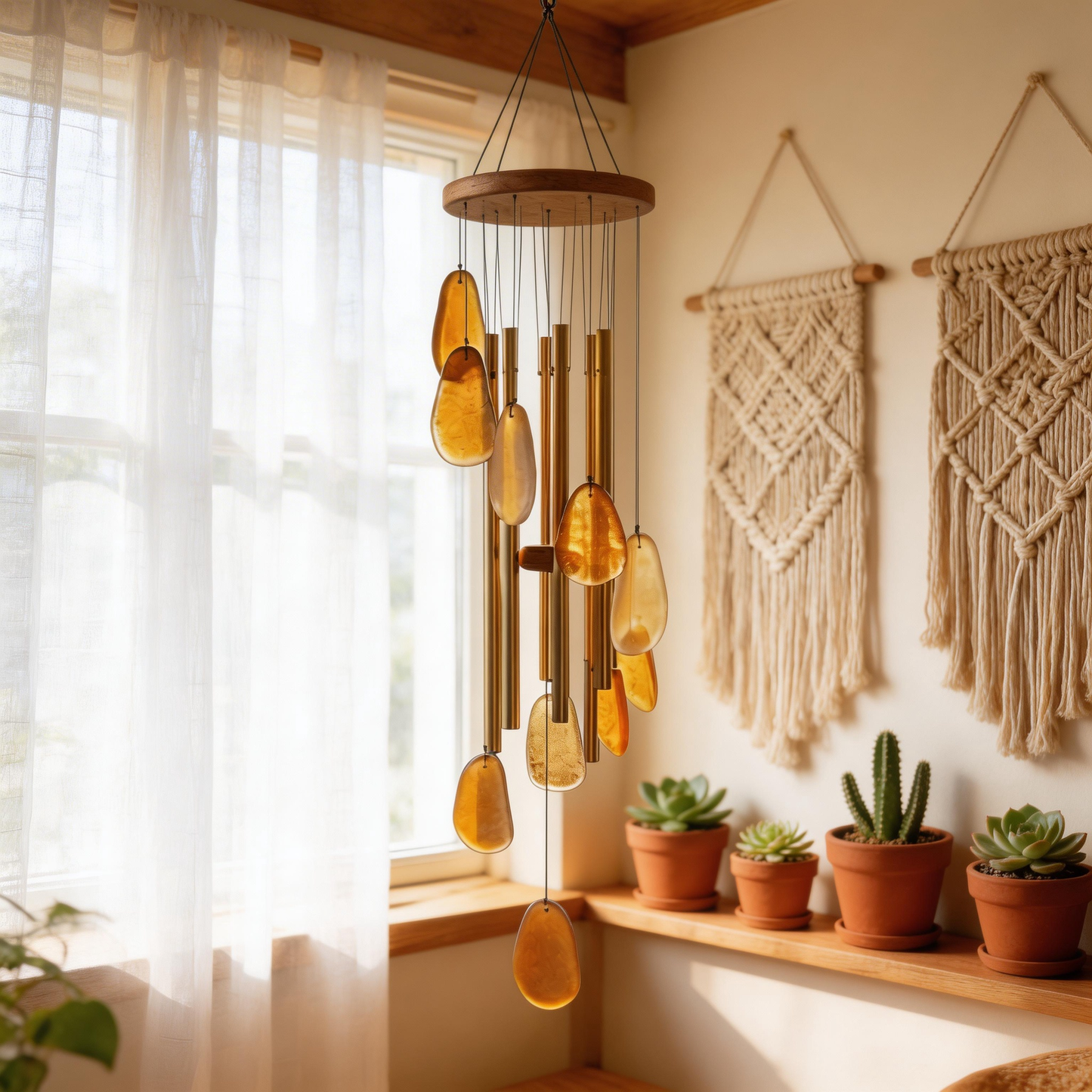 Gift-Ready | Amber Glass Patio Chimes | Elegant Golden Accent