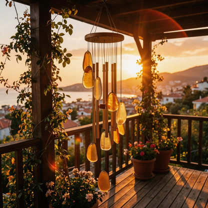 Gift-Ready | Amber Glass Patio Chimes | Elegant Golden Accent