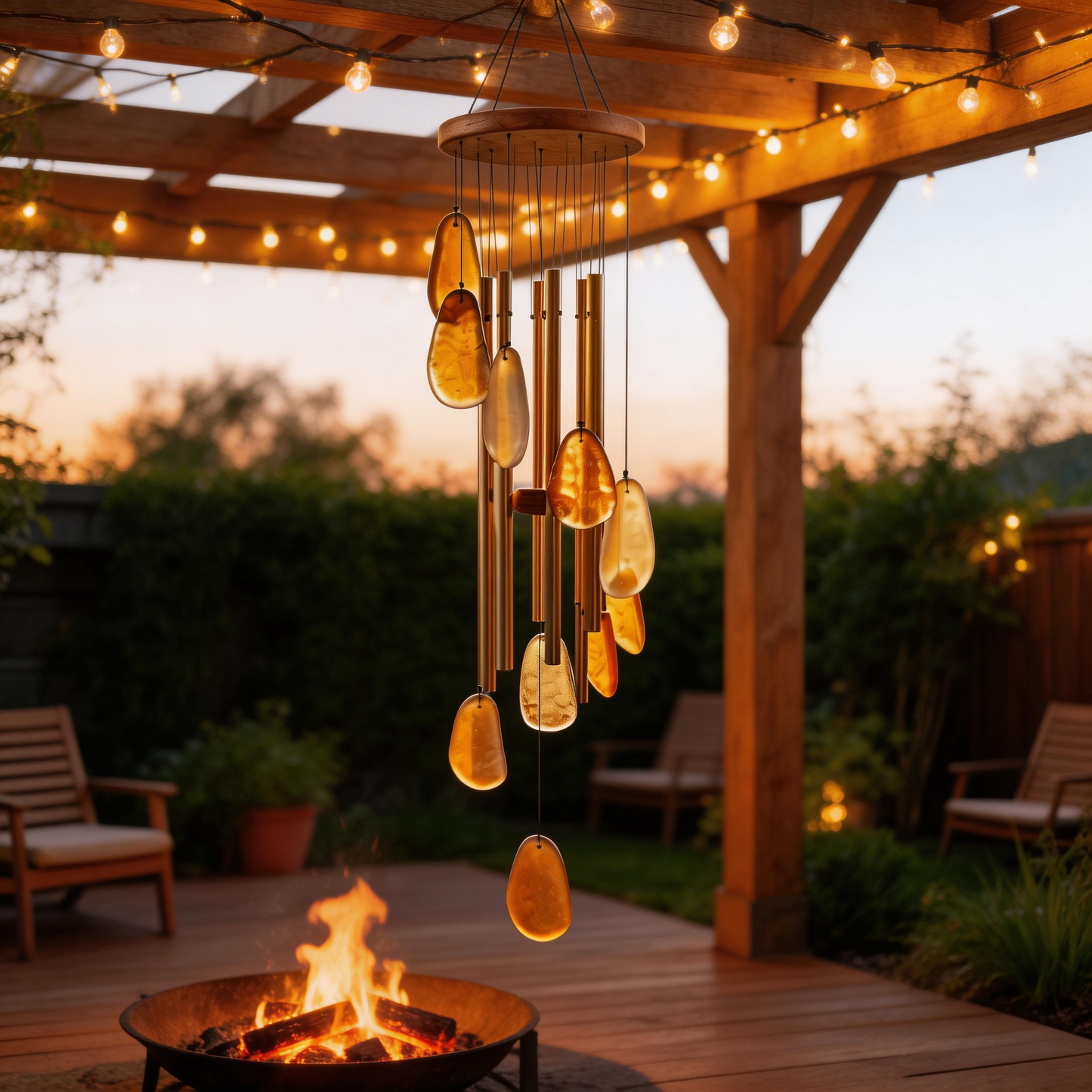 Gift-Ready | Amber Glass Patio Chimes | Elegant Golden Accent